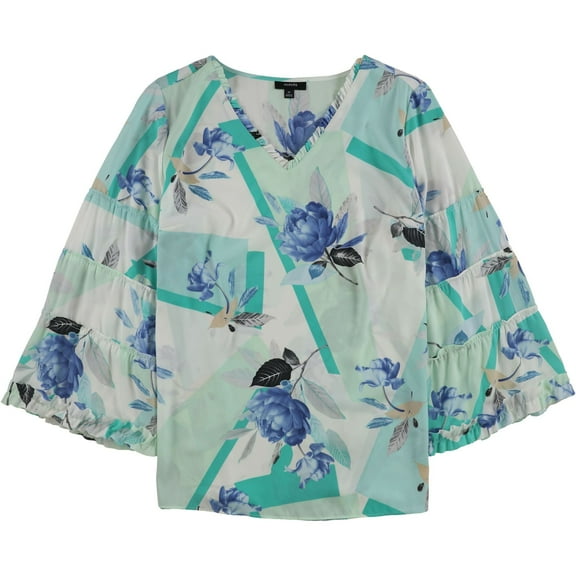 Alfani Womens Floral Ruffled Blouse, Green, Plus Size, 0X