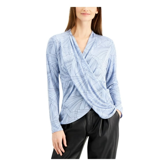 Alfani Womens Printed Draped V-Neck Pullover Blouse, Blue, Large
