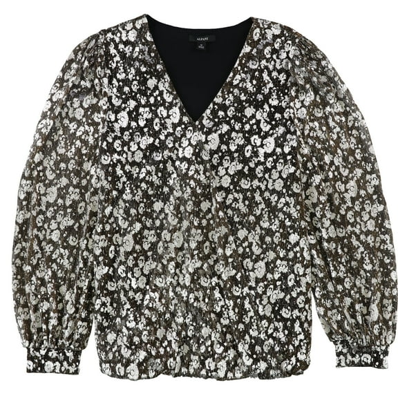 Alfani Womens Metallic Abstract-Print Pullover Blouse, Metallic, X-Small