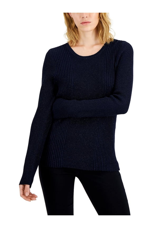 Womens Metallic Ribbed Sweater Modern Navy M