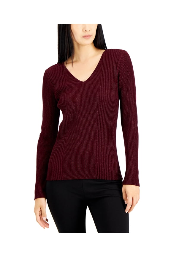 Womens Metallic Ribbed V Neck Sweater Rich Malbec S