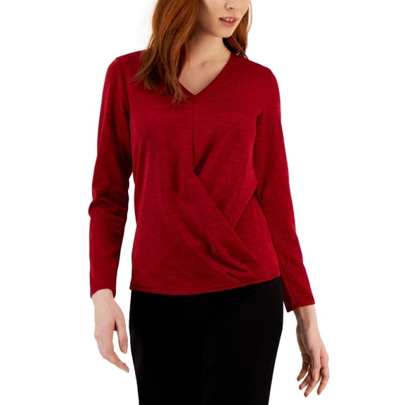 Alfani Womens Metallic Wrap Front Knit Top Rich Malbec L