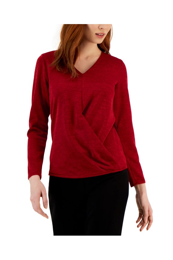 Womens Metallic Wrap Front Knit Top Rich Malbec L