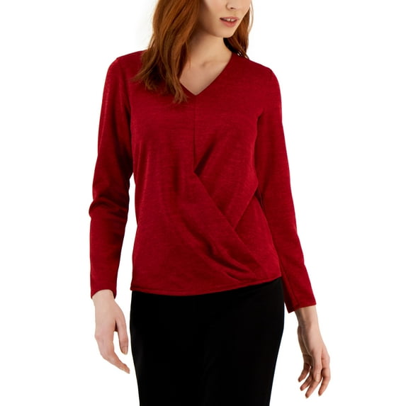 Alfani Womens Metallic Wrap Front Knit Top Rich Malbec L