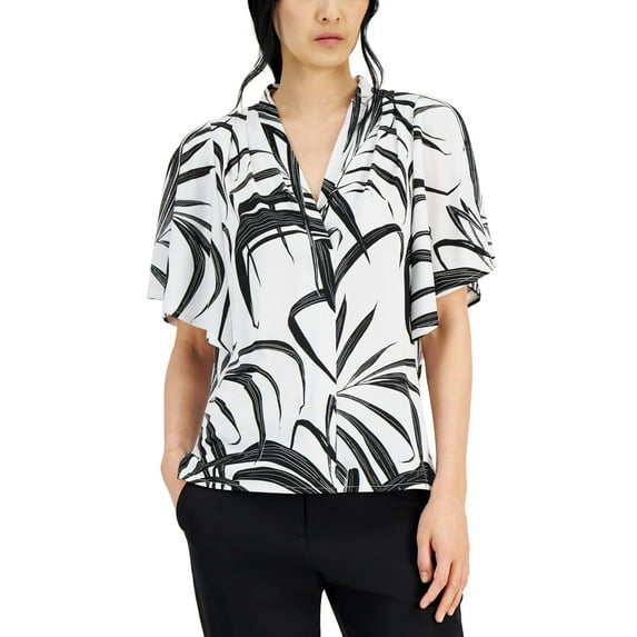 Alfani Womens Mixed-Media Flutter-Sleeve Top Bright White Breezy Palm S