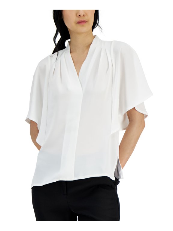 Womens Mixed Media Flutter Sleeve Top Bright White L