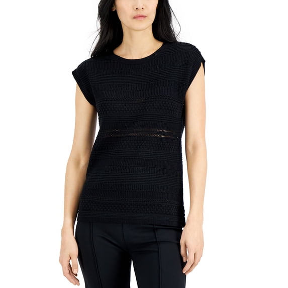 Alfani Womens Mixed Stitch Striped Cap Sleeve Sweater Deep Black M