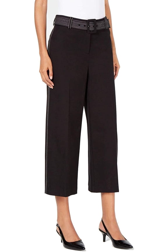 Womens PLUS Size Black Belted Wide-Leg Cropped Tummy-Control Pants, Black, 14W