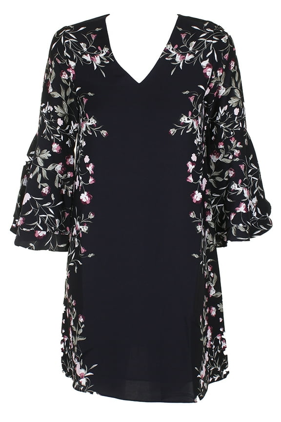 Womens Petite Black Bell-Sleeve Floral-Border Shift Dress 4P