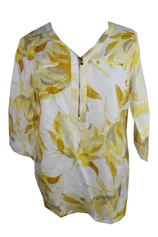 ALFANI Womens Petite Yellow Grey Geo-Print Asymmetrical Top 10P