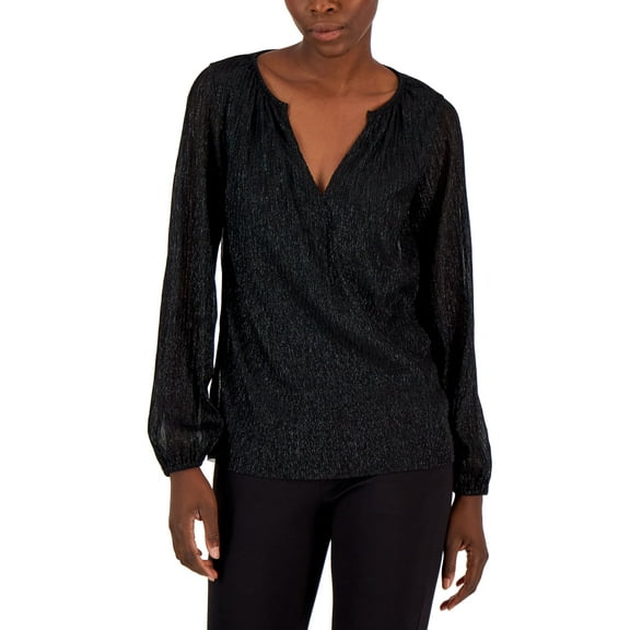 Alfani Womens Pleated Long Sleeve Shimmer Top Deep Black S