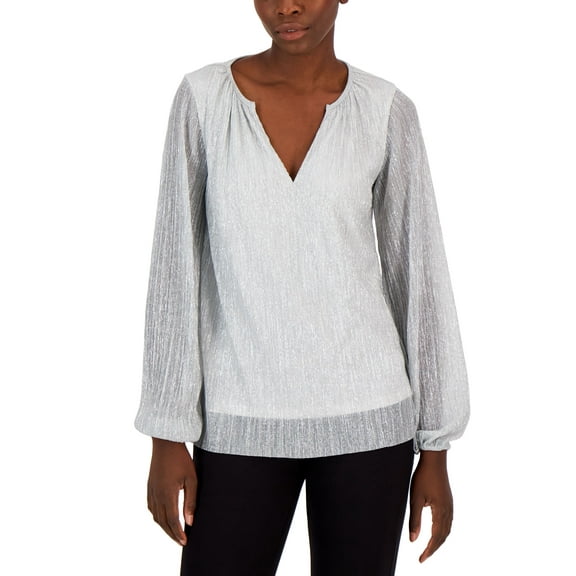 Alfani Womens Pleated Long Sleeve Shimmer Top Light Silver S