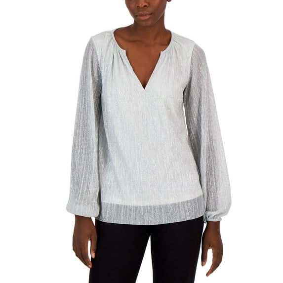 Alfani Womens Pleated Long Sleeve Shimmer Top Light Silver S