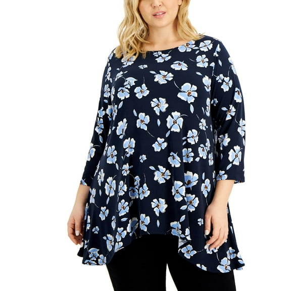 Alfani Womens Plus Floral Print Asymmetrical-Hem Tunic Top