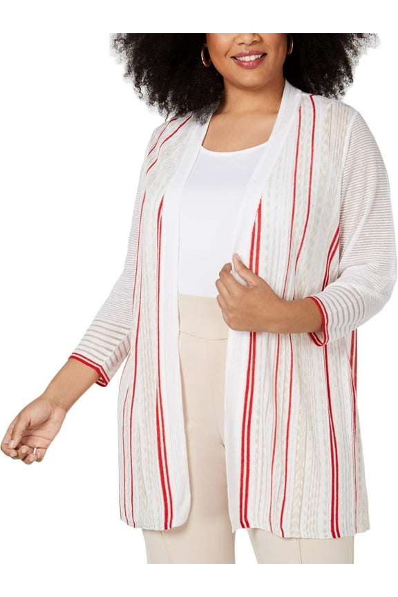 Womens Plus Linen Blend Striped Cardigan Top White 2X