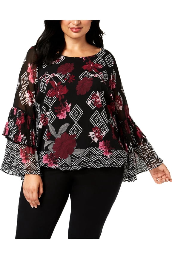 Women Plus Size Pleated Sleeve Bubble Top Bubbl Floral 2X