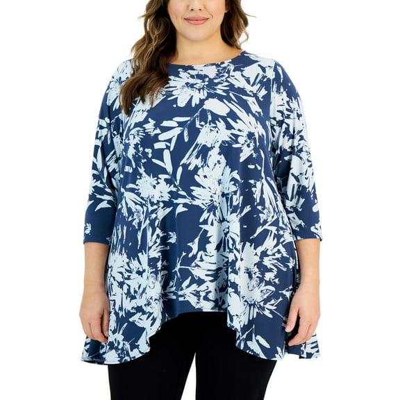 Alfani Womens Plus Printed Draped-Hem Blouse