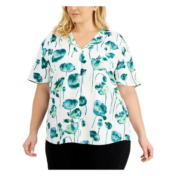 Alfani Womens Plus Printed Split Neck Pullover Top