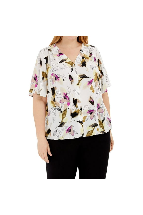 Womens Plus Size Button Front Flutter Sleeve Top,White,2X
