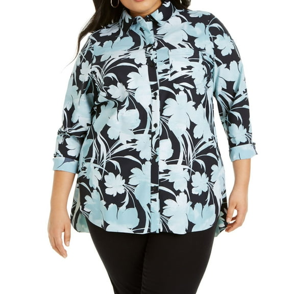 Alfani Womens Plus Size Printed Knit Boyfriend Shirt,Multi Coloured,3X