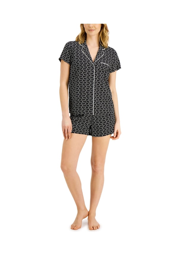 Womens Printed Notch Collar Pajama Shorts Set