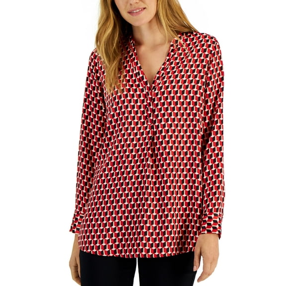 Alfani Womens Printed Satin Long Sleeve Top Red Optic Geo S