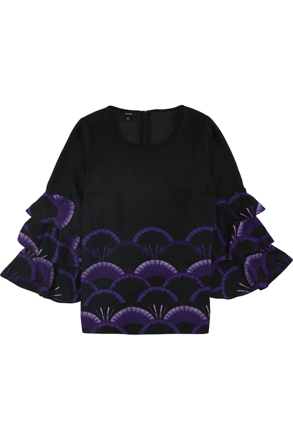 Womens Printed Tiered-Sleeve Zip-up Blouse, Black, Plus Size, 1X