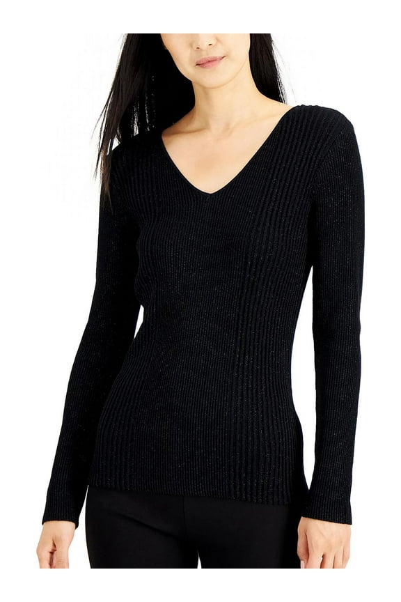 Womens Metallic Ribbed V Neck Sweater Deep Black M