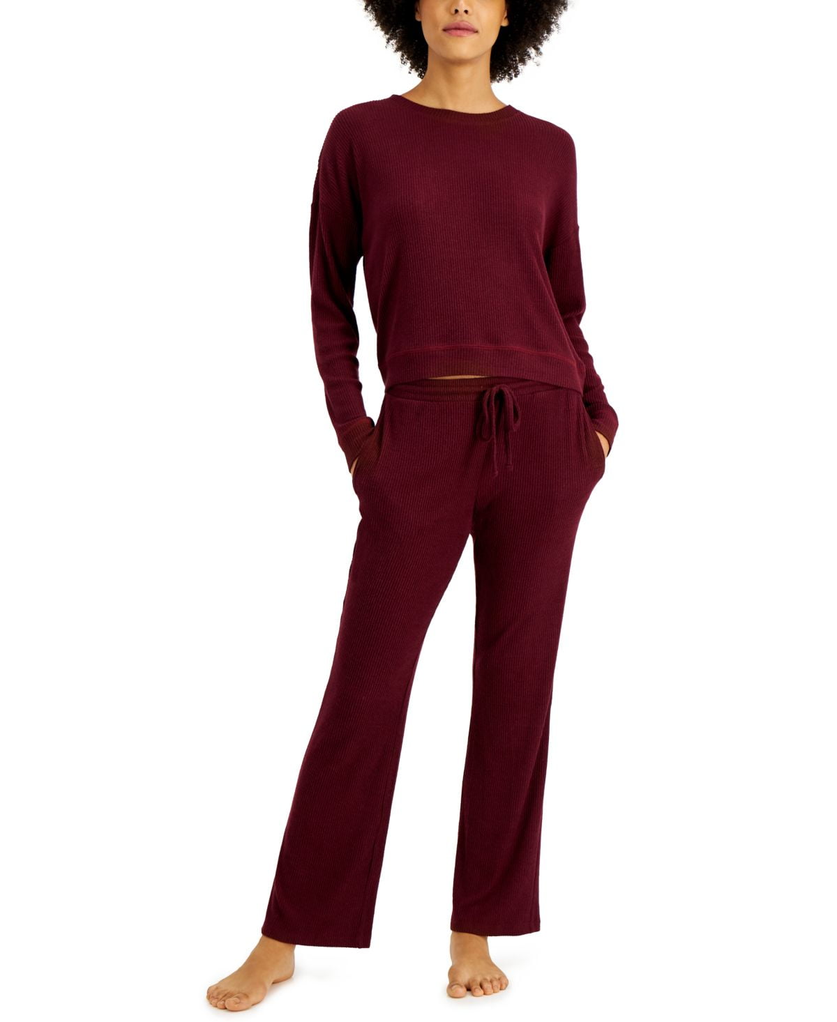 Alfani Womens Ribbed Wide Leg Pajama Set Port Royale Medium