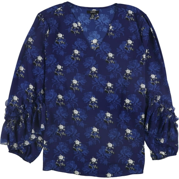 Alfani Womens Ruffle Sleeve Pullover Blouse, Blue, Large