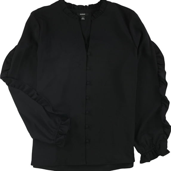 Alfani Womens Ruffle Trim Button Down Blouse, Black, Large