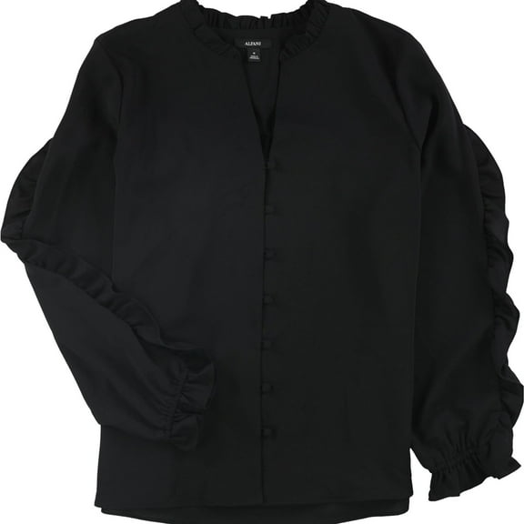 Alfani Womens Ruffle Trim Button Down Blouse, Black, Medium