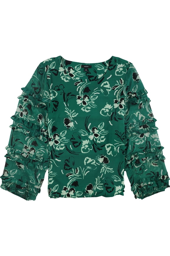Womens Ruffled Trim Pullover Blouse, Green, Small