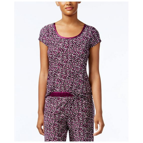 Alfani Womens Satin Trim Printed Short Sleeve Pajama Top