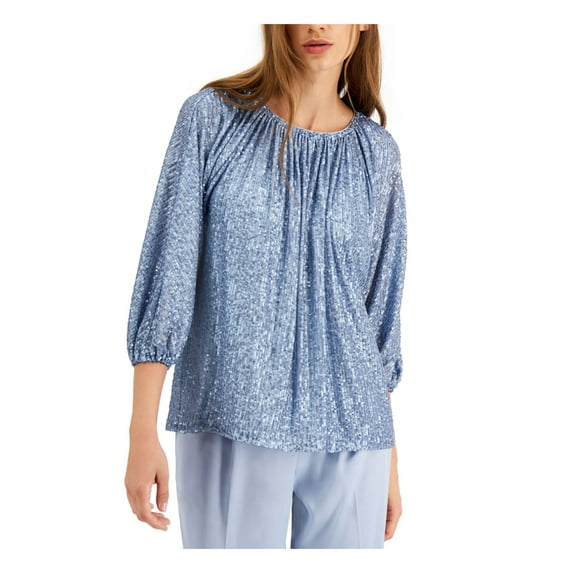 Alfani Womens Sequined Peasant Blouse, Blue, Medium
