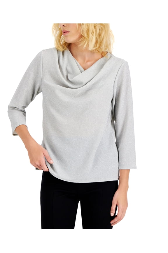 Womens Shine Cowl Neck Top Silver S