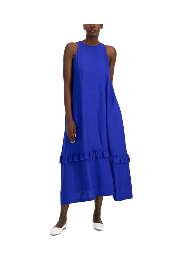 Womens Sleeveless Ruffled Maxi Dress Modern Blue L