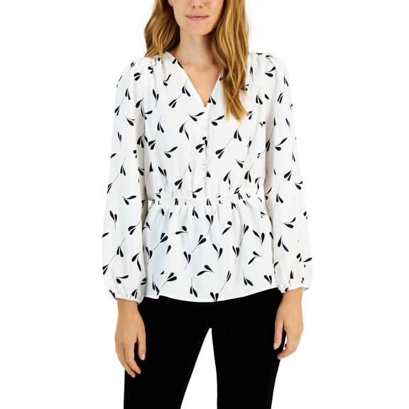 Alfani Womens Smocked Peplum V Neck Blouse White Leaf Print L
