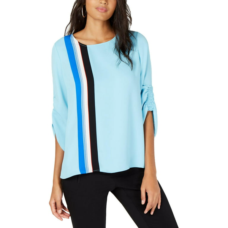 Alfani Womens Smocked-Sleeve Pullover Blouse, Blue, Small 