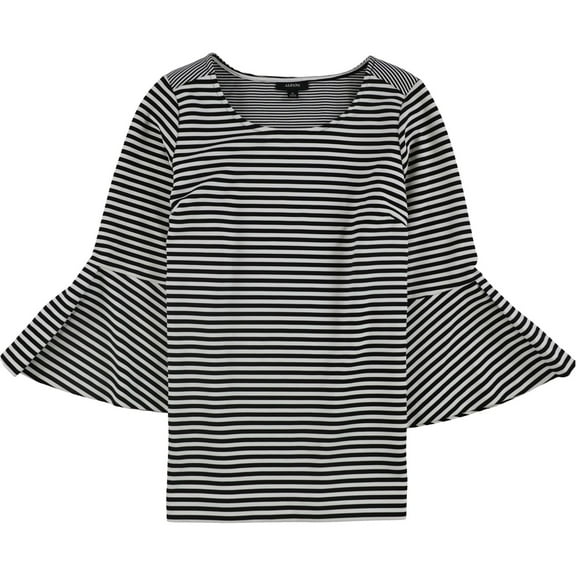 Alfani Womens Striped Bell Sleeve Pullover Blouse, Black, Plus Size, 0X