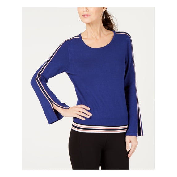 Alfani Womens Striped Bell Sleeve Pullover Sweater, Blue, Large