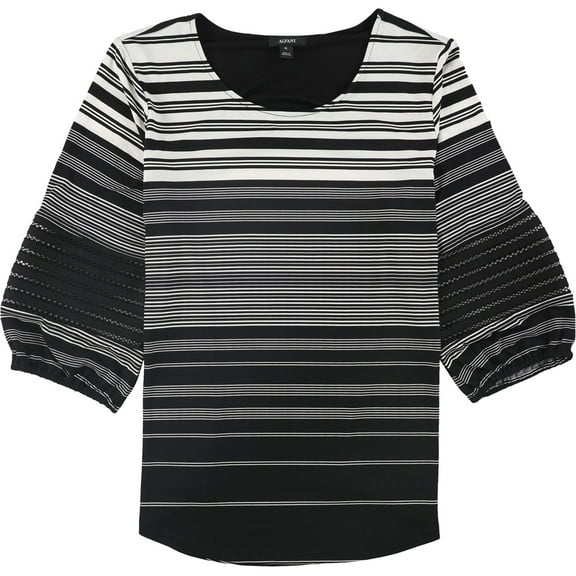 Alfani Womens Striped Illusion Sleeve Pullover Blouse, Black, Medium