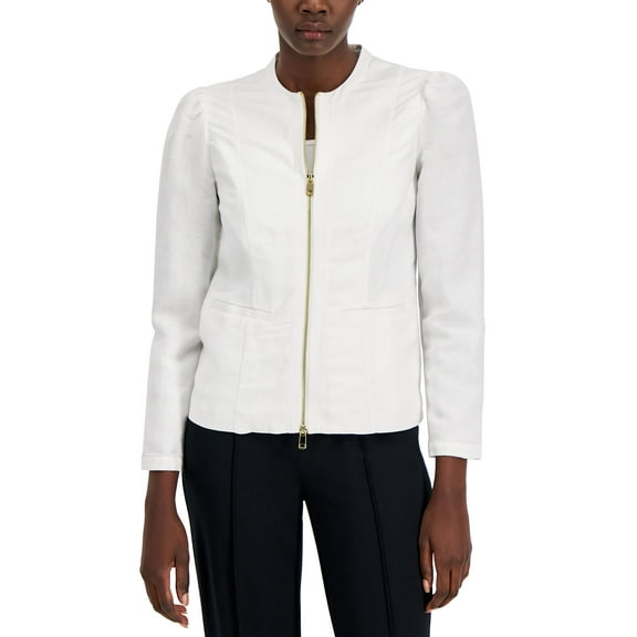 Alfani Womens Textured Linen Zip Crop Jacket Bright White L