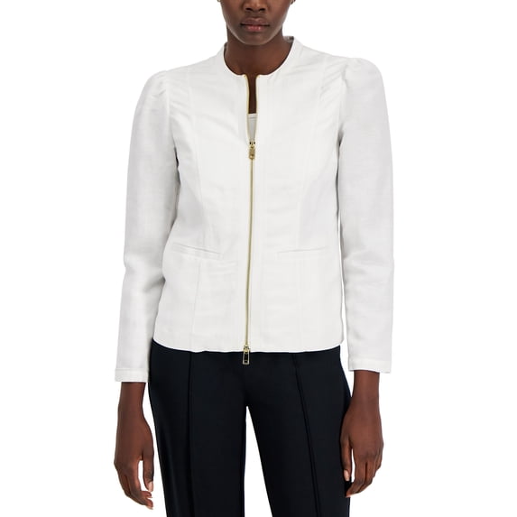 Alfani Womens Textured Linen Zip Crop Jacket Bright White XL