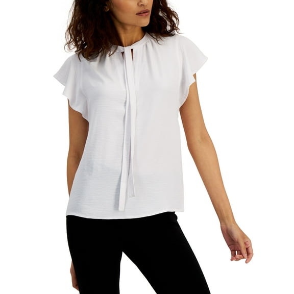 Alfani Womens Tie Neck Flutter Sleeve Top Bright White XS