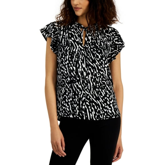 Alfani Womens Tie Neck Flutter Sleeve Top Zebra Black Print S