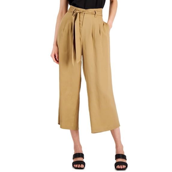Alfani Womens Tie Waist Cropped Wide Leg Pants Water Camel 14