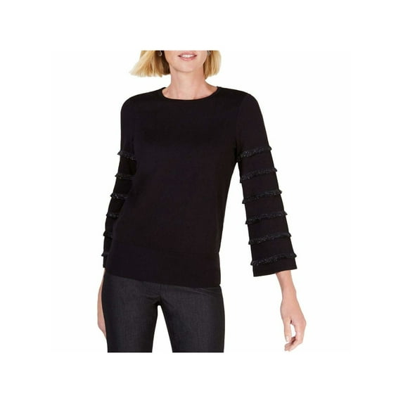 Alfani Womens Tiered Fringe Pullover Sweater, Black, Medium