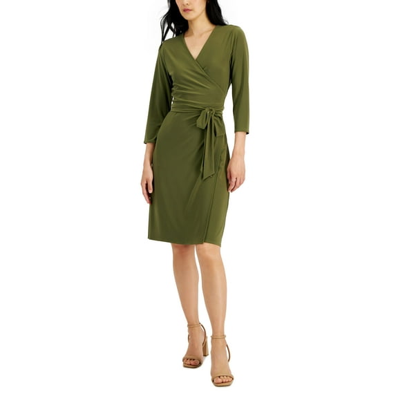 Alfani Womens V Neck Wrap Dress Burnt Olive L