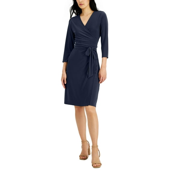 Alfani Womens V Neck Wrap Dress Modern Navy XS